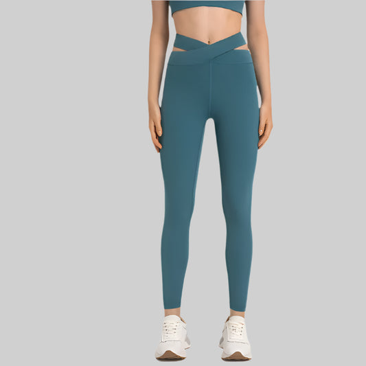 Hollow-Out Cross Waist Yoga Leggings with Back Pocket